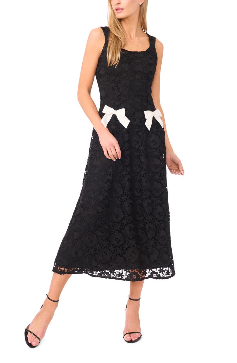 CeCe Bow Detail Floral Lace Midi Dress, Main, color, Rich Black/ Ivory
