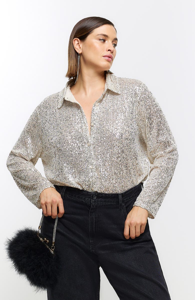 River Island Sequin Button-Up Shirt, Alternate, color, 