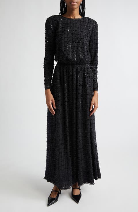 Embellished Long Sleeve Maxi Cocktail Dress