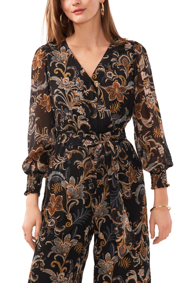 Paisley Long Sleeve Chiffon Jumpsuit, Alternate, color, RICH BLACK