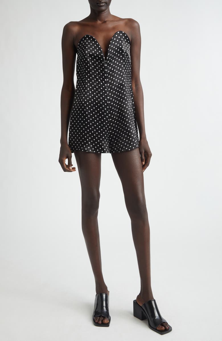 Jean Paul Gaultier Polka Dot Strapless Silk Satin Bustier Romper, Main, color, Black/ White