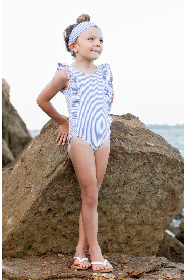 Seersucker Ruffle One-Piece Swimsuit & Head Wrap Set, Alternate, color, BLUE