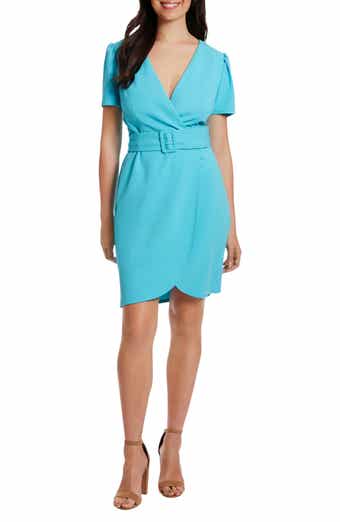 London Times Puff Sleeve Belted Wrap Dress