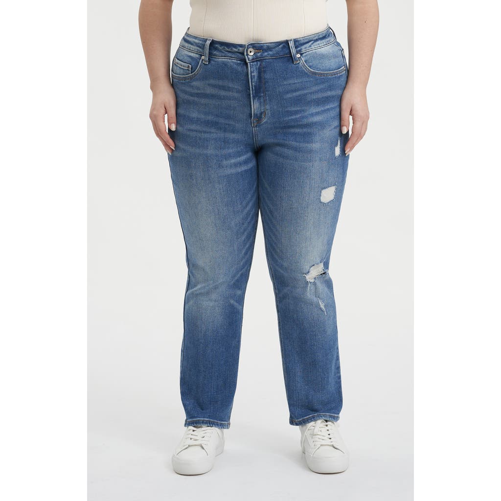 Bayeas High Waist Distressed Straight Leg Mom Jeans In Medium Blue