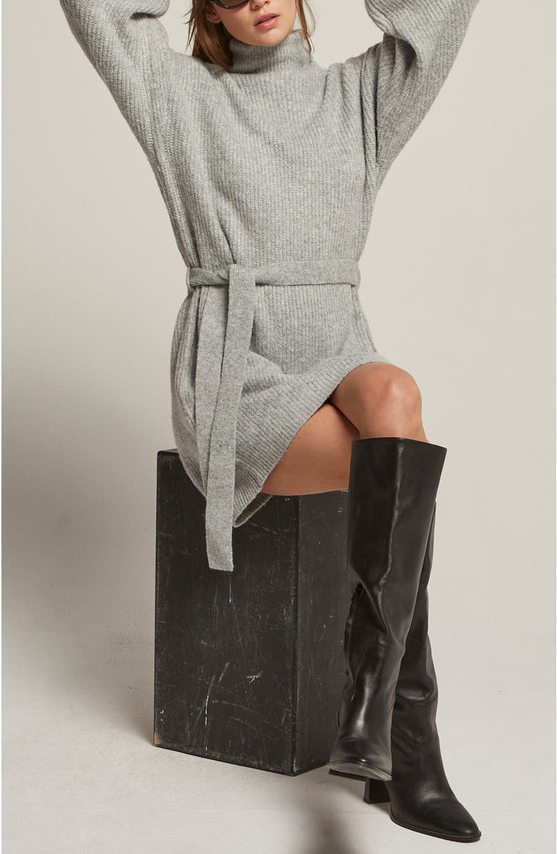 CRESCENT Turtleneck Belted Mini Sweater Dress, Alternate, color, Heather Grey