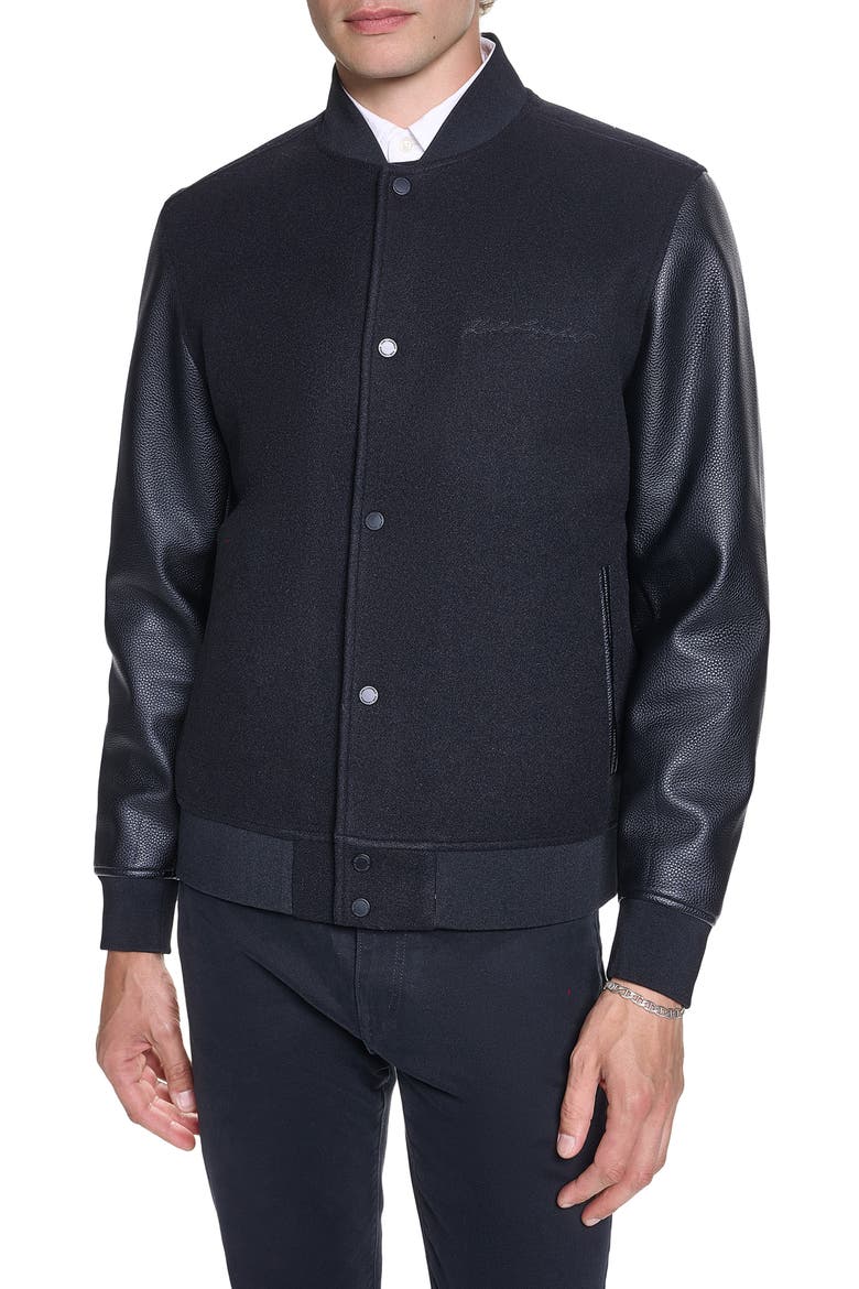 Script Logo Faux Leather Sleeve Bomber Jacket, Alternate, color, BLACK