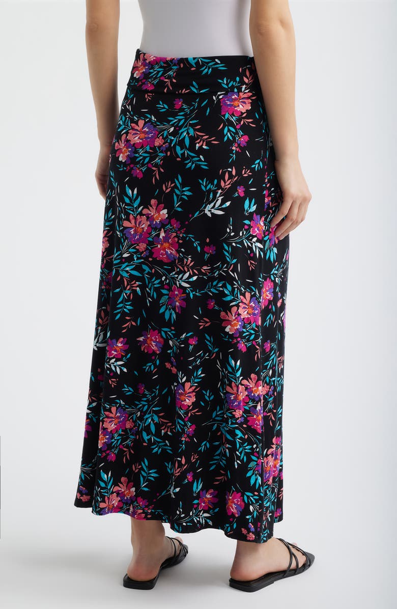Loveappella Roll Top Floral Print Maxi Skirt, Alternate, color, Black/ Fuchsia