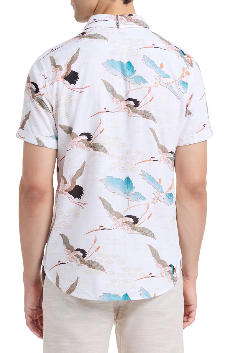 Robert Graham Tsuru Crane Print Short Sleeve Button-Up Shirt, Alternate, color, White