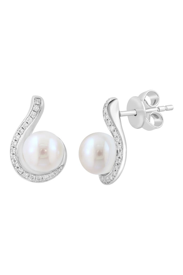 Diamond & Freshwater Pearl Stud Earrings, Main, color, WHITE