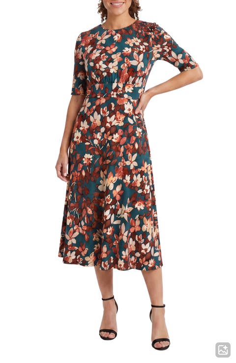 Floral Inset Waist Fit & Flare Midi Dress