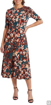 London Times Floral Inset Waist Fit & Flare Midi Dress