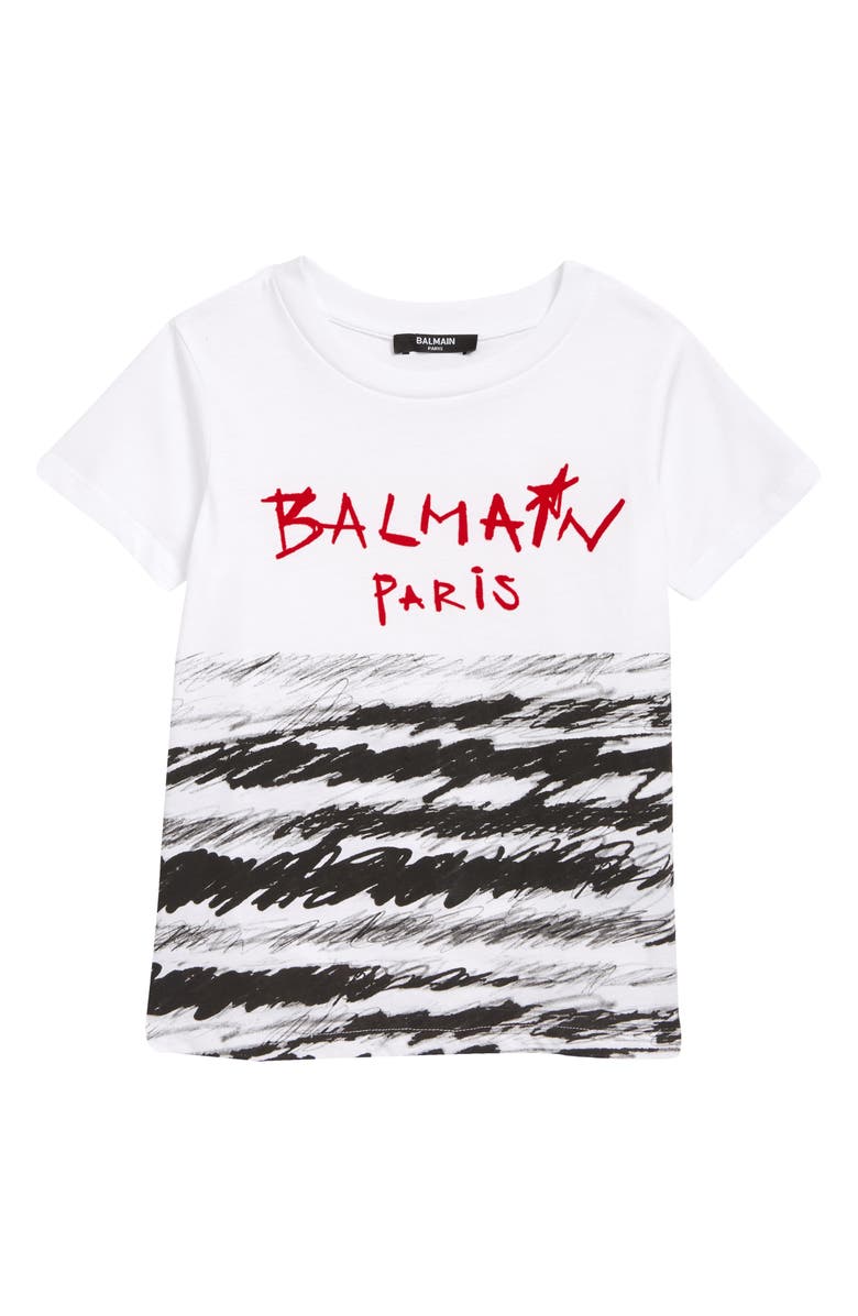 Balmain Kids' Scribble Logo Cotton Graphic Tee, Main, color,