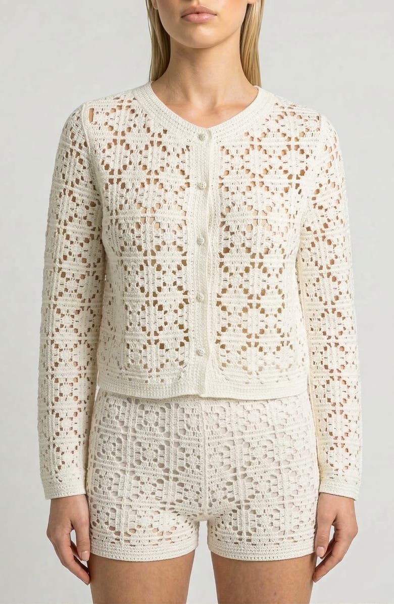 Knit & Lounge Two Piece Crochet Knit Set with Button Front Cardigan and Shorts, Alternate, color, Beige, White