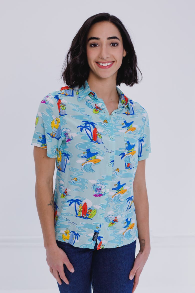 Hawaiian Short Sleeve Button-Down Shirt, Alternate, color, Aqua Wave