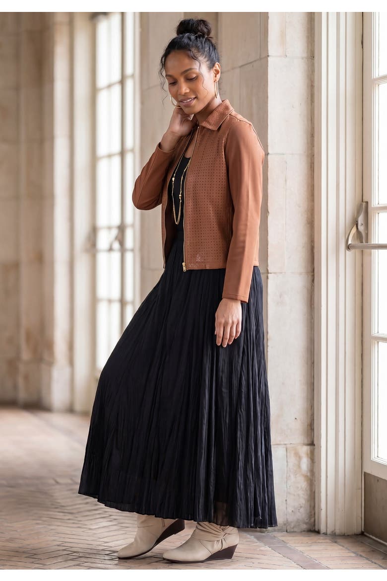Perforated Faux Leather Zip Front Jacket, Alternate, color, COGNAC