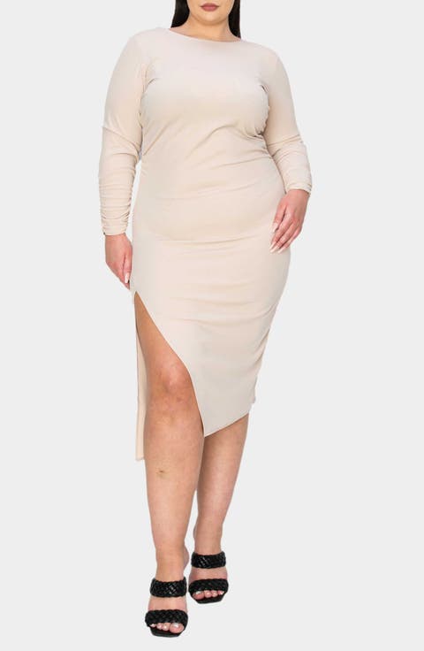 Bianca Open Back Side Slit Long Sleeve Stretch Dress (Plus)