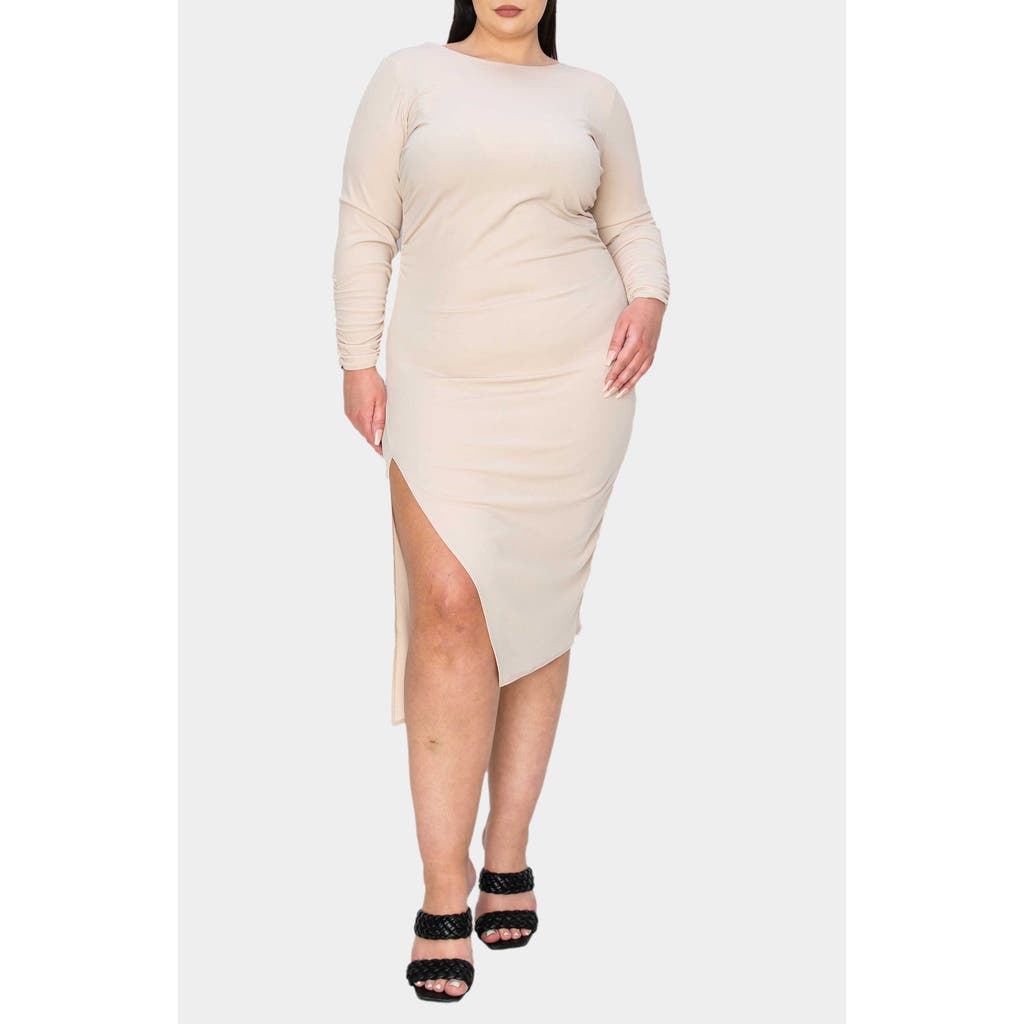 L I V D Bianca Open Back Side Slit Long Sleeve Stretch Dress In Oatmeal