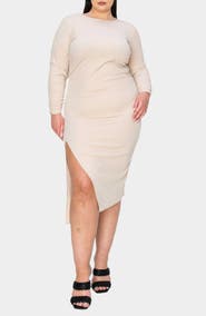 L I V D Bianca Open Back Side Slit Long Sleeve Stretch Dress
