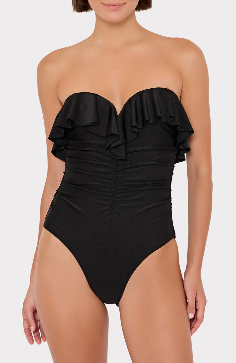 Milly Glossy Strapless Ruffle One-Piece Swimsuit, Main, color,