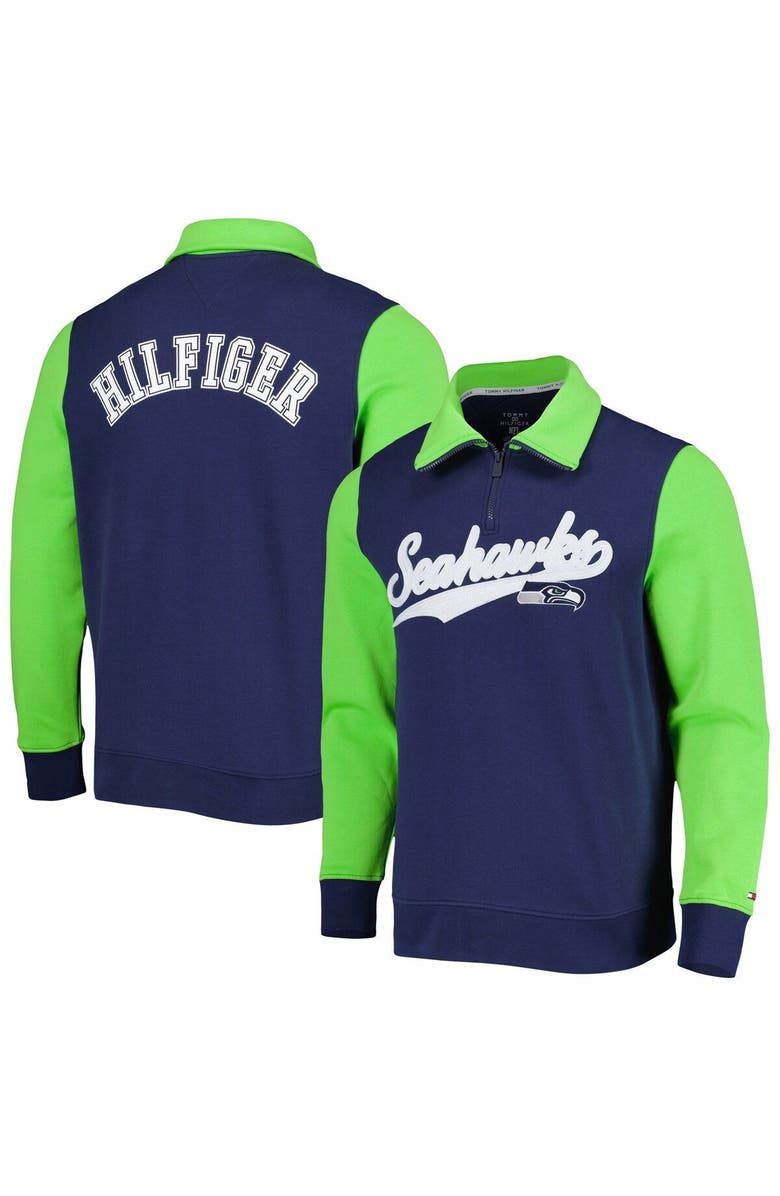 Tommy Hilfiger Men's Tommy Hilfiger College Navy/Neon Green Seattle Seahawks Aiden Quarter-Zip Sweatshirt, Main, color, Navy