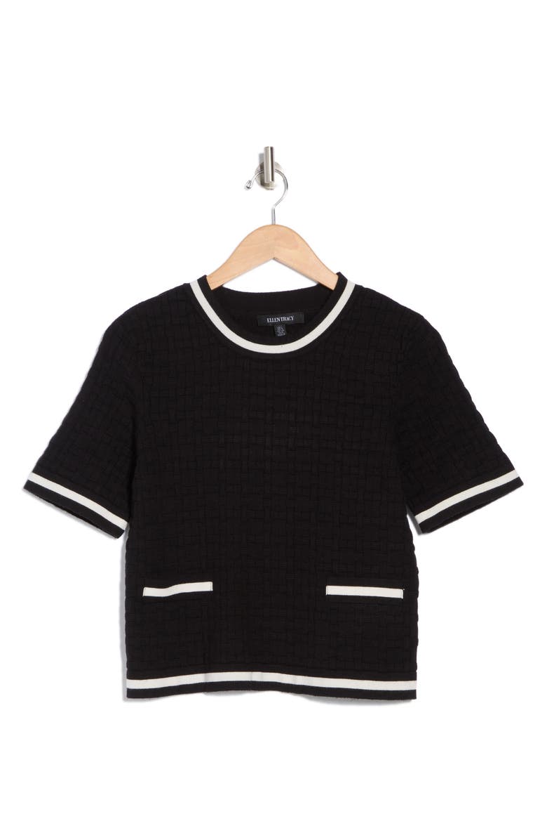 Ellen Tracy Tipped Short Sleeve Crop Sweater, Alternate, color, Black