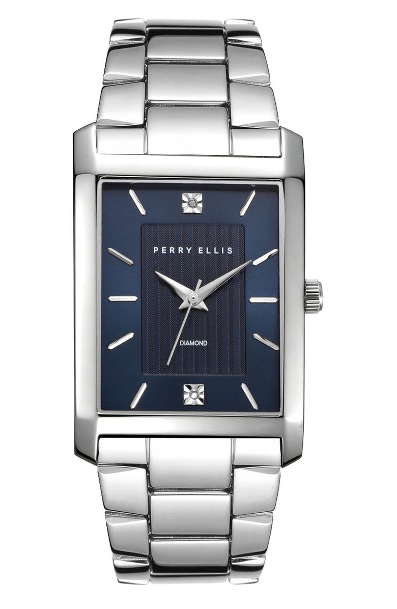 Perry Ellis Slim Rectangular Diamond Bracelet Watch, 31mm x 40mm, Main, color, Silver