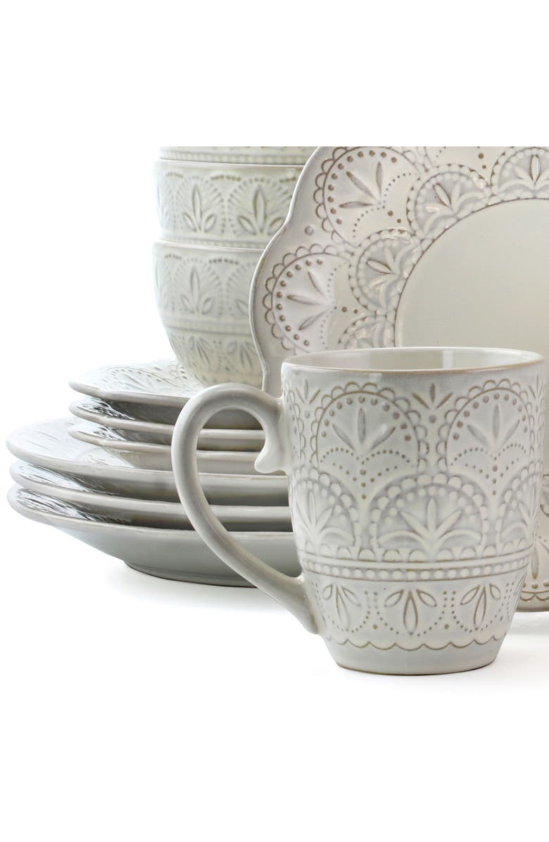 Elama White Lace 16 Piece Luxurious Stoneware Dinnerware with Complete Setting for 4, Alternate, color, White