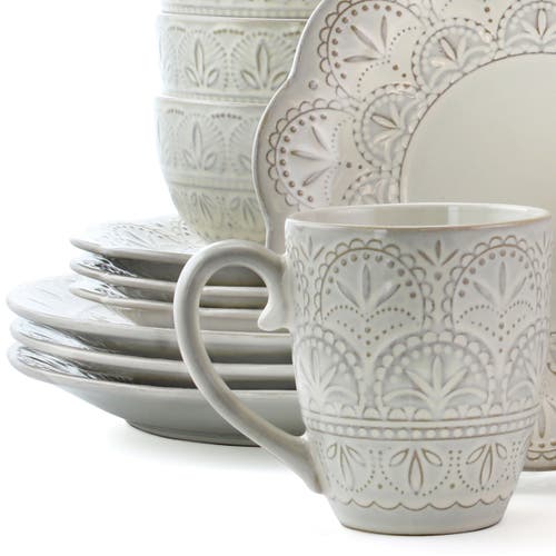 Elama White Lace 16 Piece Luxurious Stoneware Dinnerware With Complete Setting For 4 In White