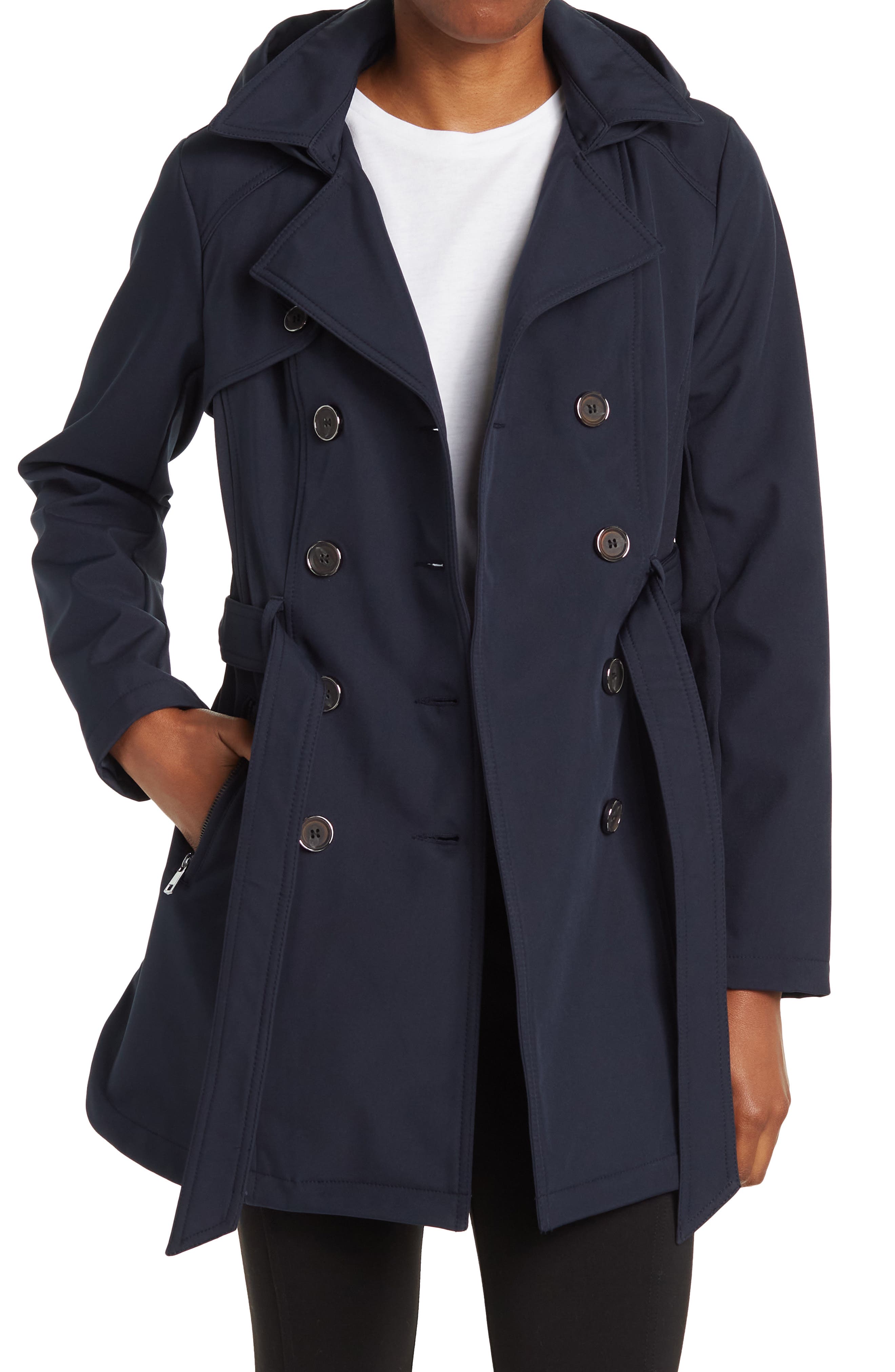 Sebby Water-Resistant Hooded Double-Breasted Trench Coat