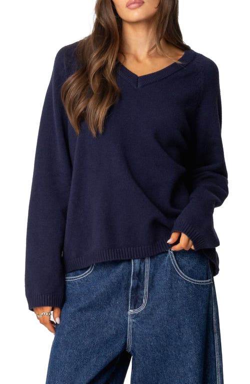 Shop Edikted Martha Oversized V-neck Sweater In Navy