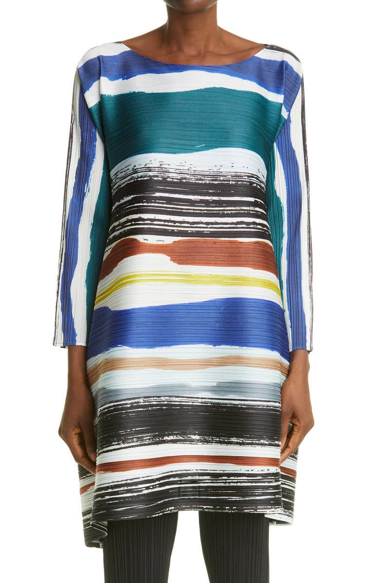 Pleats Please Issey Miyake Leaf Vein Stripe Pleated Tunic Dress, Main, color, 