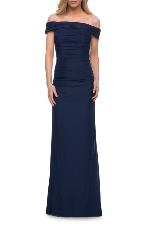 Ruched Off the Shoulder Net Jersey Evening Dress
