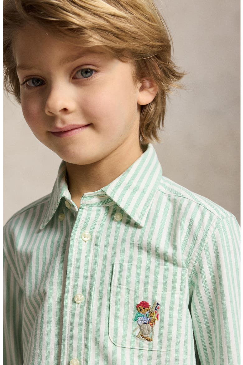Kids' Stripe Embroidered Cotton Oxford Button-Down Shirt, Alternate, color, GREEN WHITE