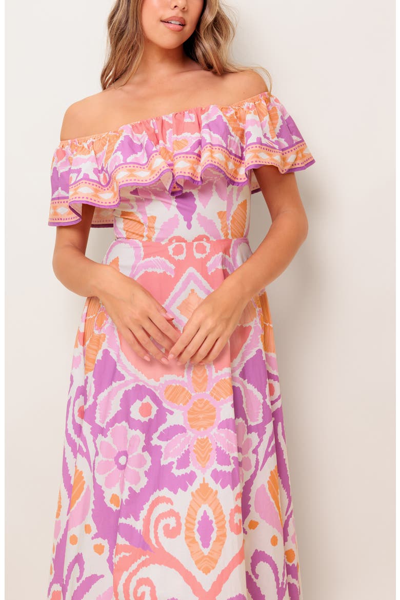 Floral Off the Shoulder Midi Dress, Alternate, color, LAVENDER/ CORAL