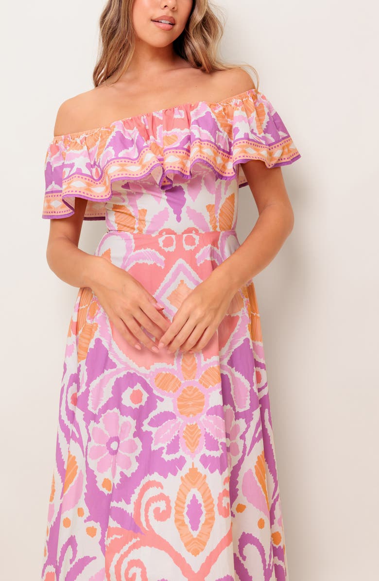 FLYING TOMATO Floral Off the Shoulder Midi Dress, Alternate, color, Lavender/ Coral