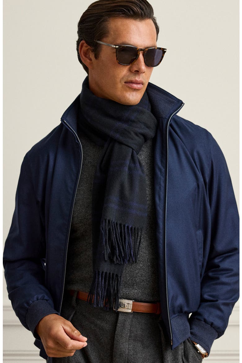 Plaid Cashmere Fringe Scarf, Alternate, color, NAVY