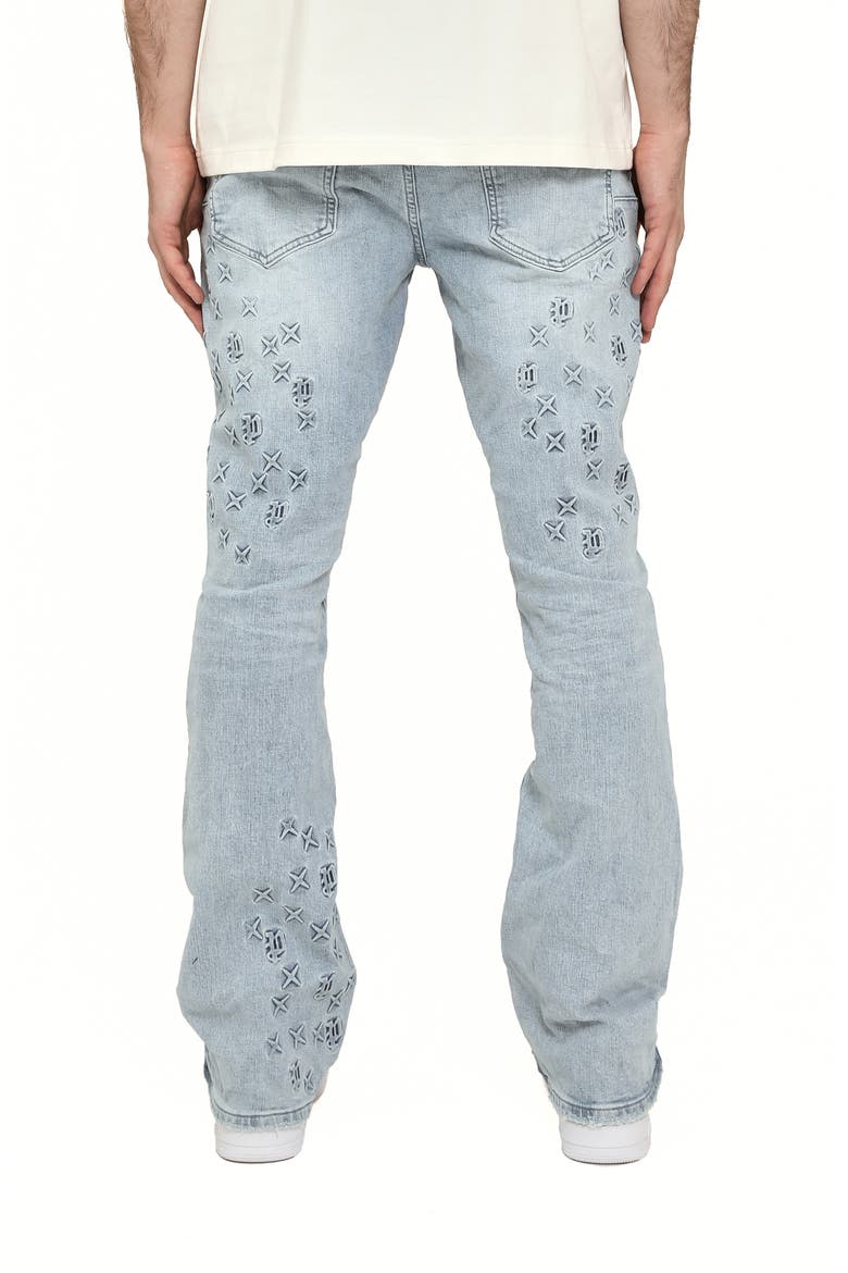 P004 Monogram Embossed Slim Flare Jeans, Alternate, color, LIGHT INDIGO