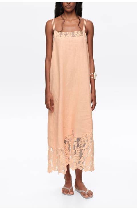 Washed Linen Lace Midi Dress