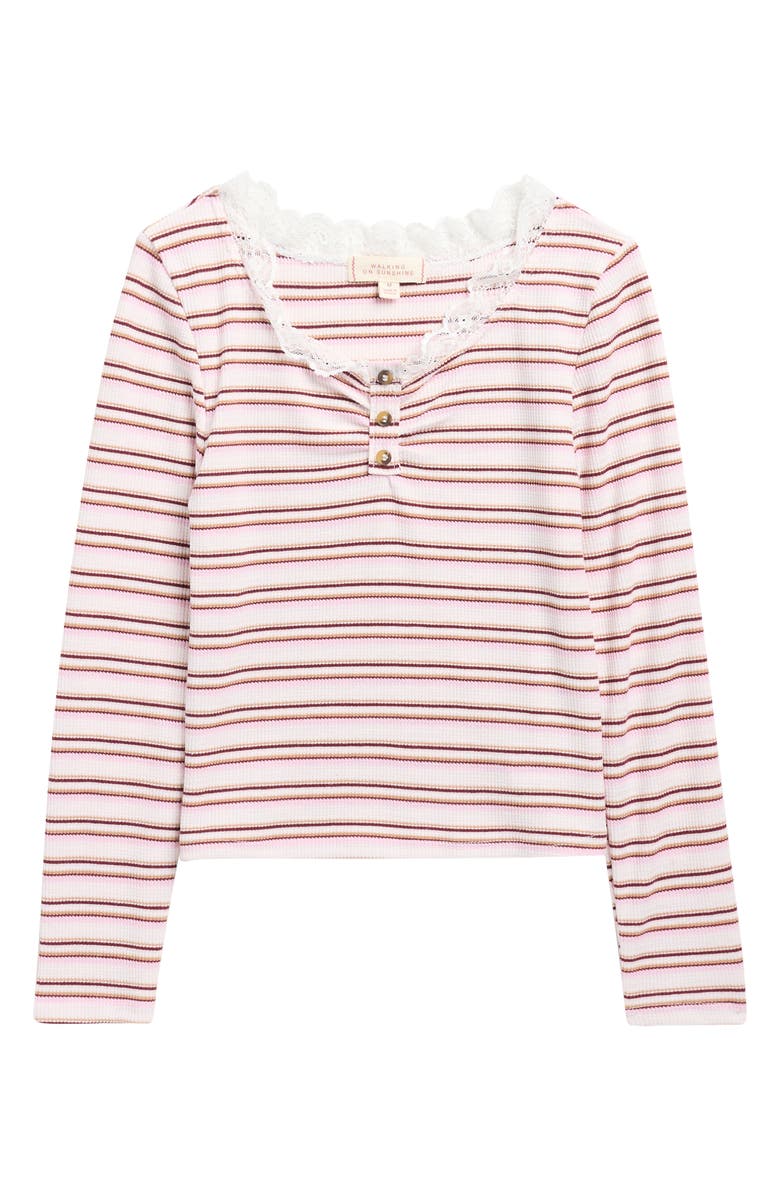 Walking on Sunshine Kids' Stripe Lace Trim Rib Henley, Main, color, Pink Stripe