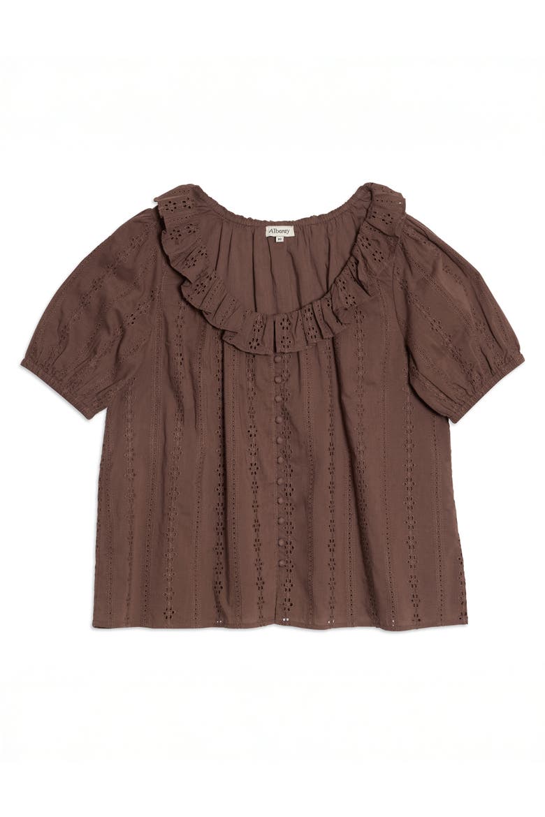 Ruffle Neck Button-Front Blouse, Alternate, color, Brown