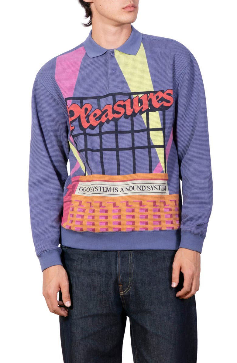 PLEASURES Spotlight Print Long Sleeve Cotton Waffle Knit Polo, Main, color, Navy