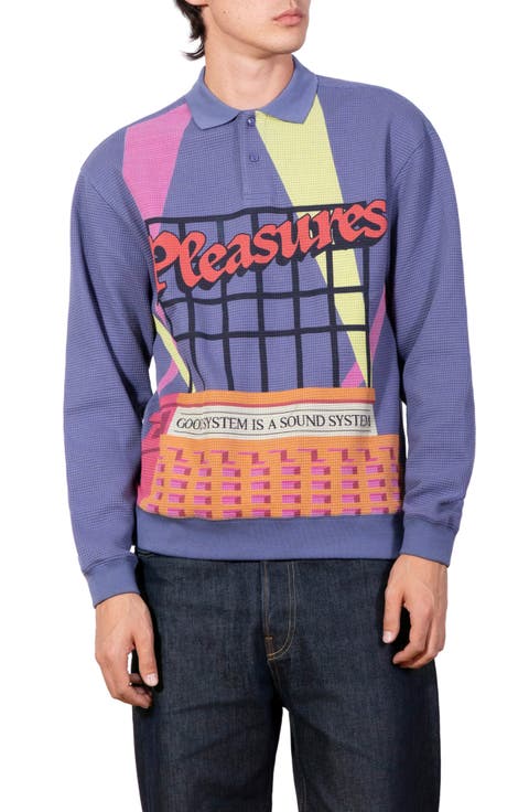 Spotlight Print Long Sleeve Cotton Waffle Knit Polo