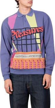 PLEASURES Spotlight Print Long Sleeve Cotton Waffle Knit Polo