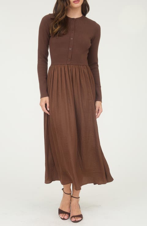 Mixed Media Long Sleeve Maxi Dress