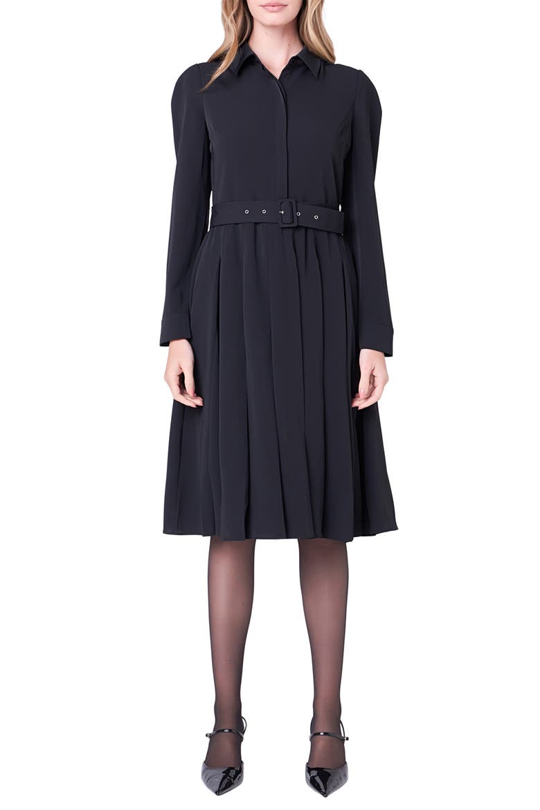 Pleated Long Sleeve Shirtdress, Main, color, BLACK