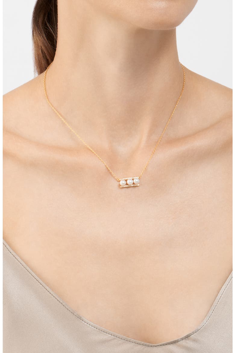 Yellow Gold Plated Sterling Silver 7mm Freshwater Pearl Swarovski Crystal Accented Bar Necklace, Alternate, color, WHITE