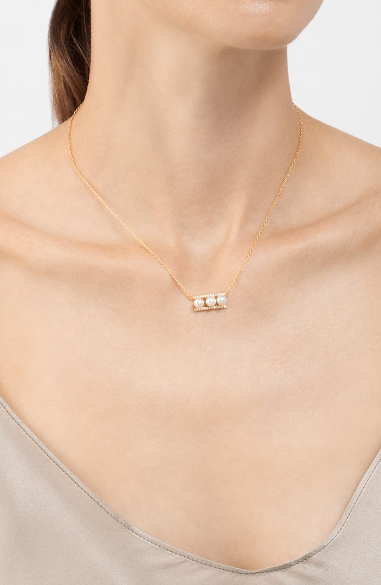 Adornia Yellow Gold Plated Sterling Silver 7mm Freshwater Pearl Swarovski Crystal Accented Bar Necklace, Alternate, color, White