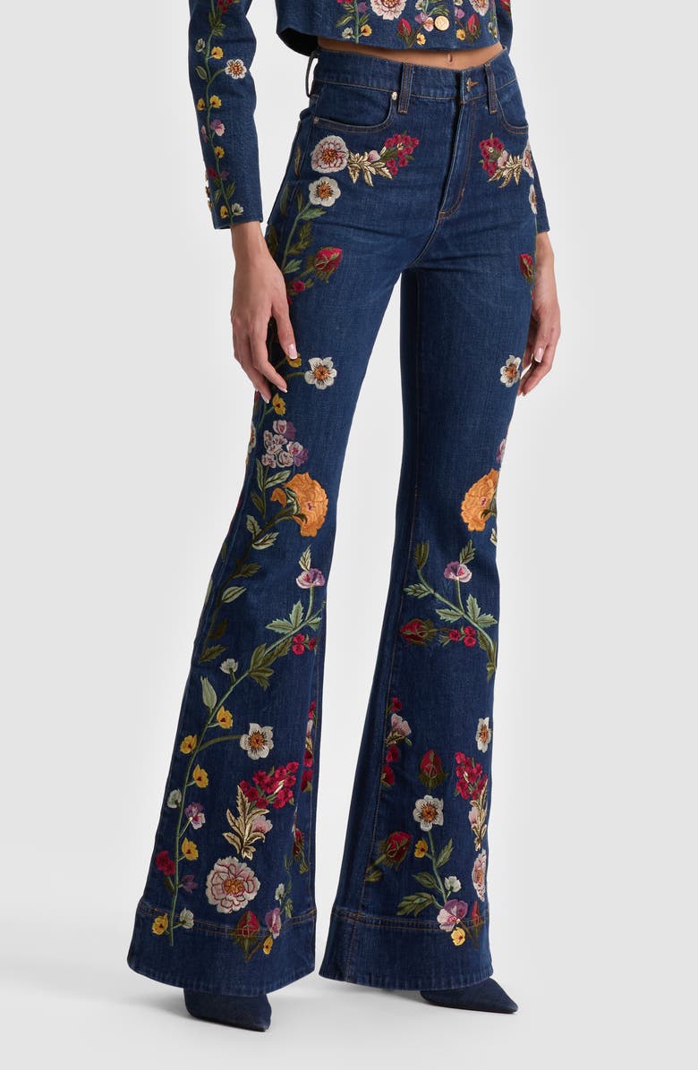 Alice + Olivia Beautiful Floral Embroidered Flare Jeans, Alternate, color, Catherine Dark Multi