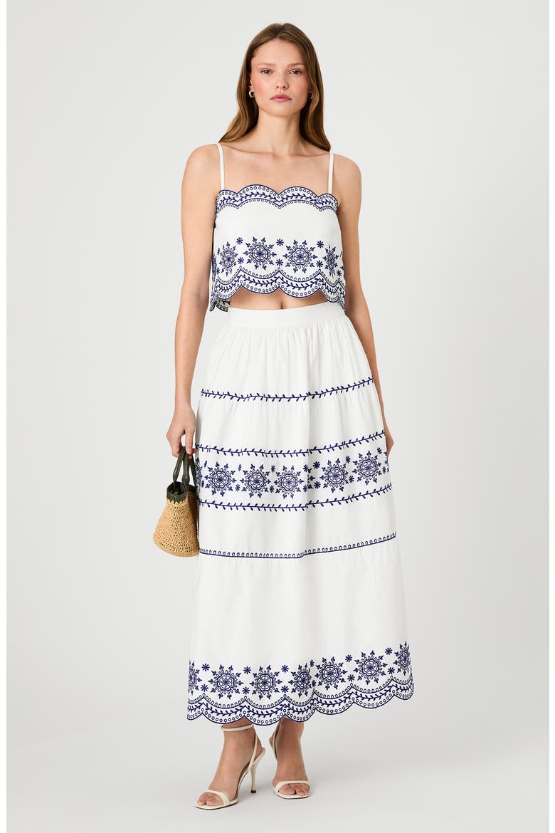 Alissa Embroidered Cotton Midi Skirt, Alternate, color, LINEN WH-ELEC INDIGO