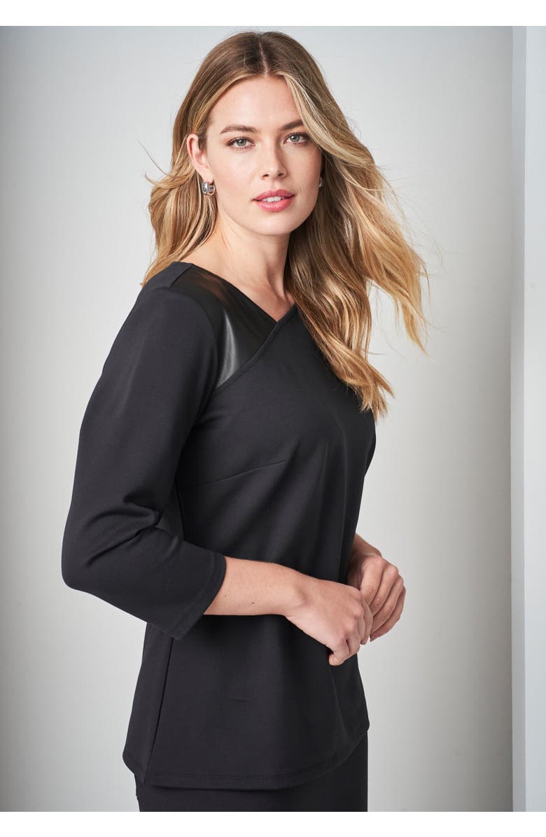 Jessica London Mixed Media Ponte Faux Leather Top, Alternate, color, Black
